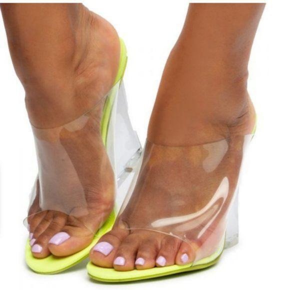 Clear Peep Toe Lucite Wedges in Lime - Picture 5 of 9
